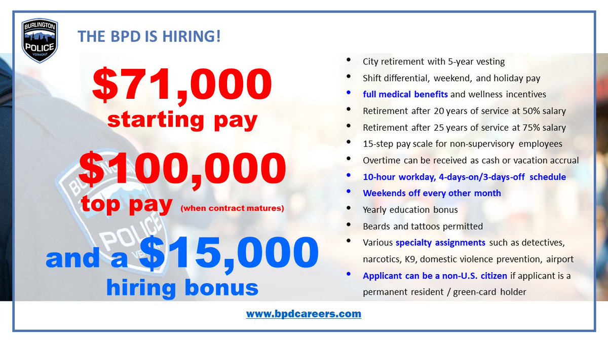 This progress—six new police recruits and nine professional employees like CSOs, CSLs, and dispatchers—is only the beginning. Our Rebuilding Plan is working, but it has miles to go. Come join Burlington's team!
#BTV #police #policerecruit #HIRINGNOW
