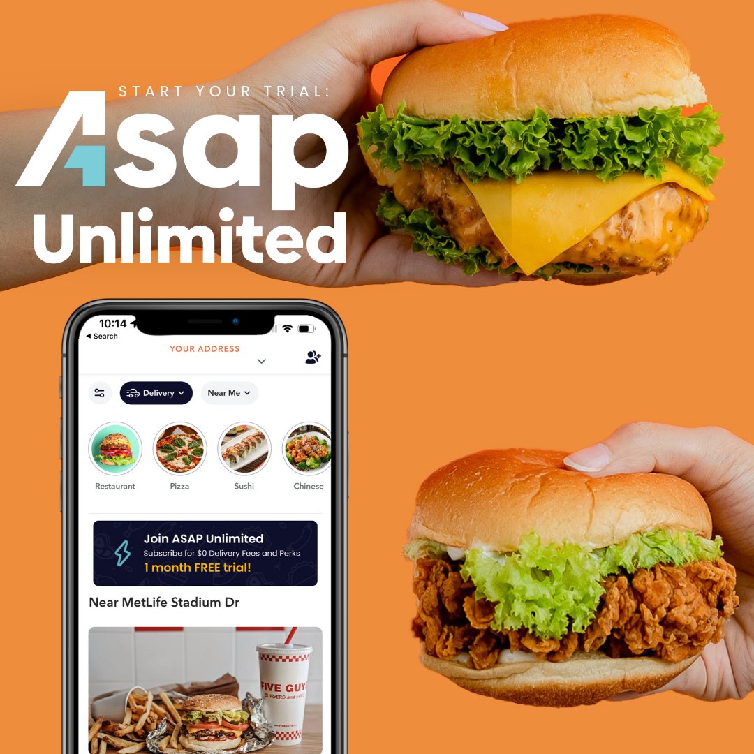 Have you tried ASAP Unlimited? Sign up today for your 30 day FREE trial! 🎉⁣
⁣
A monthly subscription that gives you: ⁣
• $0 Delivery Fees⁣
• Reduced service fees ⁣
⁣
Don't see the option to sign up on your app? Make sure it's up to date with the latest version!
