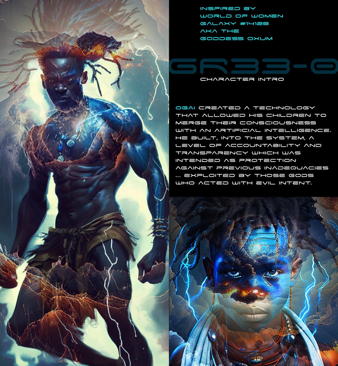 Character Introduction
OGAI, the Supreme God. The current universe is his 2nd iteration — OFRISHA 2.0 was hoped to have eradicated evil purpose in his children. Merging technology with the diety's power was his great hope. OXUM is one of his favorite children.