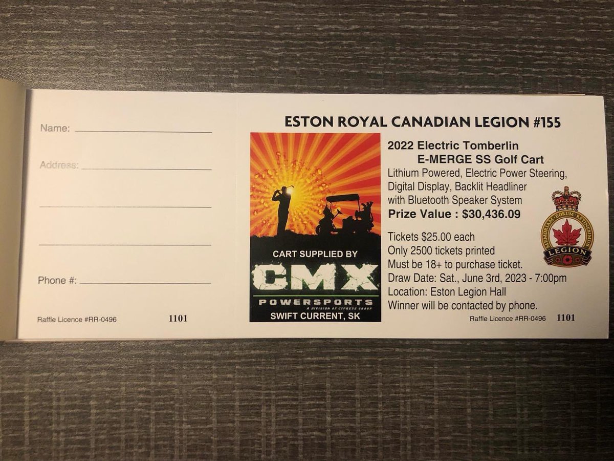 We’re helping the Eston Royal Canadian Legion #155 sell tickets on this 2022 Tomberlin E-Merge SS golf cart. For tickets please contact any Rambler or call or text Brynn Hartsook 306 402 7559 #ramblernation