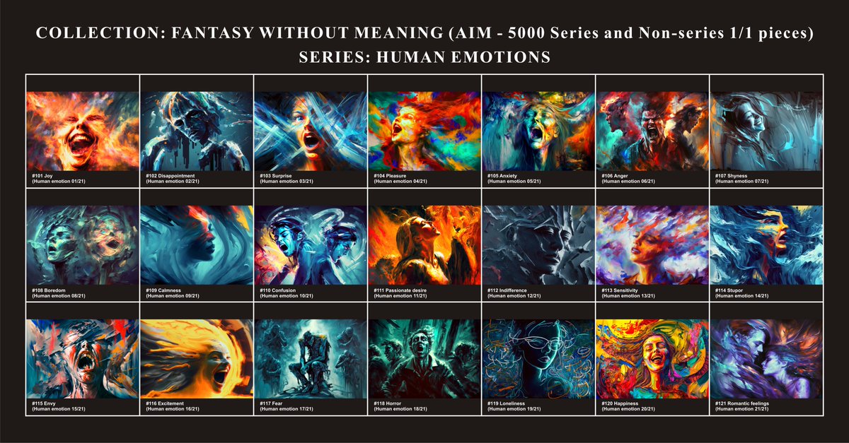 🚨 NEW DROP 🚨 

Series: Human Emotions
0.05 $ETH per item

opensea.io/collection/fan…

I would be very gratefull if you show/tell me in comments which Emotion you liked😉

Your ❤️/🔁 are much appreciated 👍🙌
#AIIA #fantasywithoutmeaning

Detailed pieces 👇
