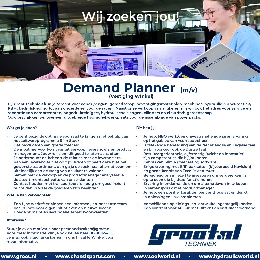 Groottechniek's tweet photo. Wij zoeken jou! Onze nieuwe Demand Planner!

Kom snel op gesprek! Bekijk de volledige vacature op onze website: https://t.co/o5kD9p2nfO
Mail je CV en sollicitatie naar personeelszaken@groot.nl.

#vacature #demandplanner https://t.co/U2uDhe4Mak