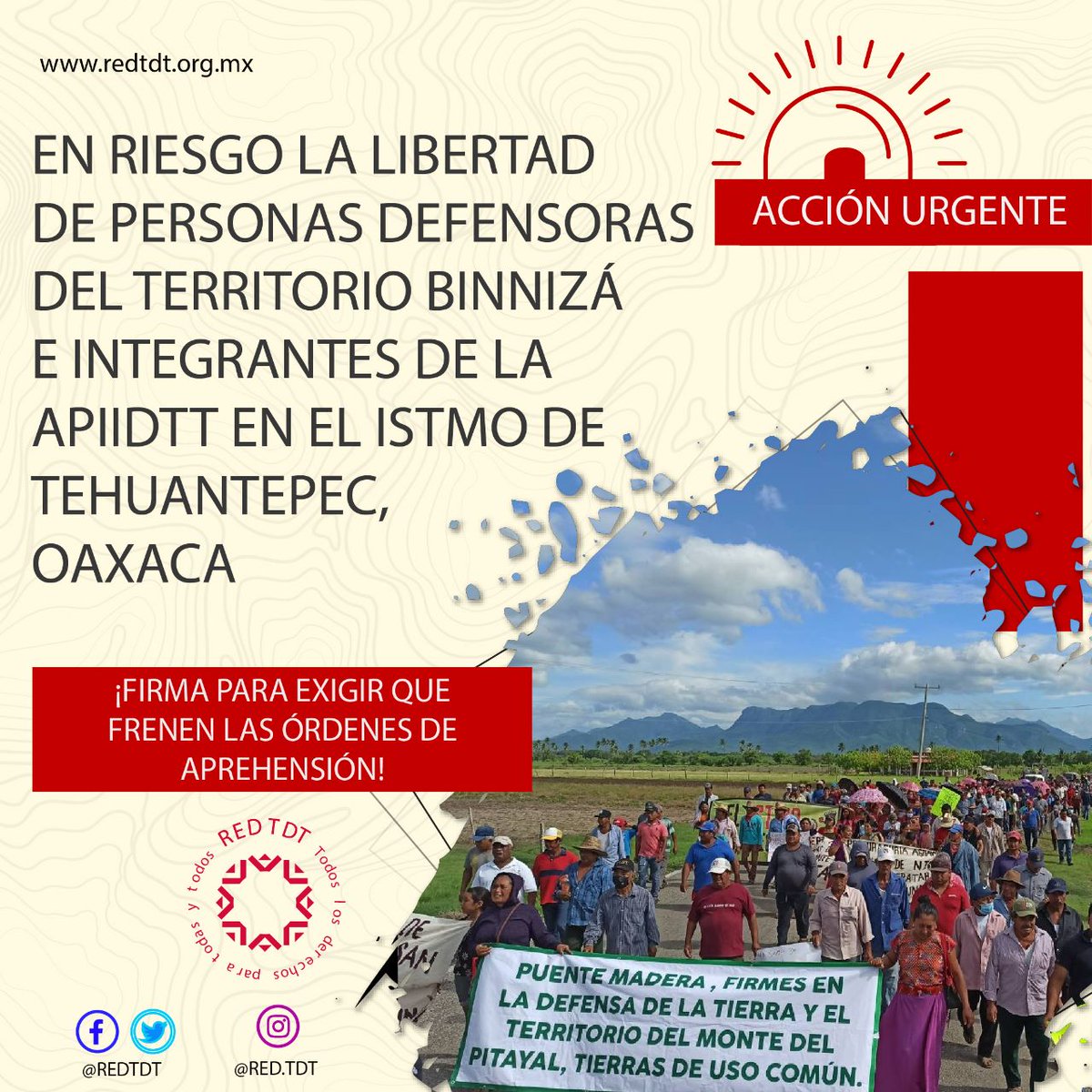 📢#AcciónUrgente| ¡Tu firma ayuda! ✍️

❗️La @asamblea_istmo  en Oaxaca está en alerta por la existencia de 17 órdenes de aprehensión contra personas defensoras del territorio en el Istmo de Tehuantepec, #Oaxaca. 

Ayúdanos a exigir que cesen:

📲redtdt.org.mx/archivos/17936