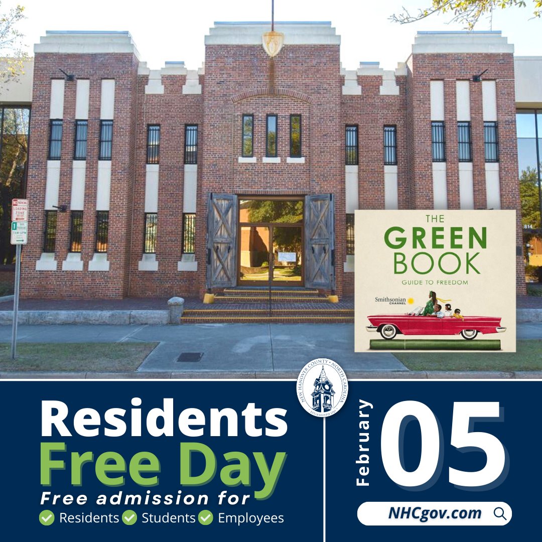 NewHanoverCo's tweet photo. #ExploreNHC at the @capefearmuseum on Sunday, February 5 for Residents Free Day! Admission this Sunday is free for all NHC residents, students and employees. While you're there, watch a screening of the Smithsonian Channel's "The Green Book: Guide to Freedom" at 2:30 pm. https://t.co/JDO7IPGr6g