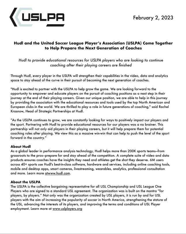 USLPA 🤝 <a href="/Hudl/">Hudl</a> / <a href="/Wyscout/">Hudl Wyscout</a>                

 “Through Hudl, every player in the USLPA will strengthen their capabilities in the video, data and analytics space to stay ahead of the curve in their pursuit of becoming the next generation of coaches.”