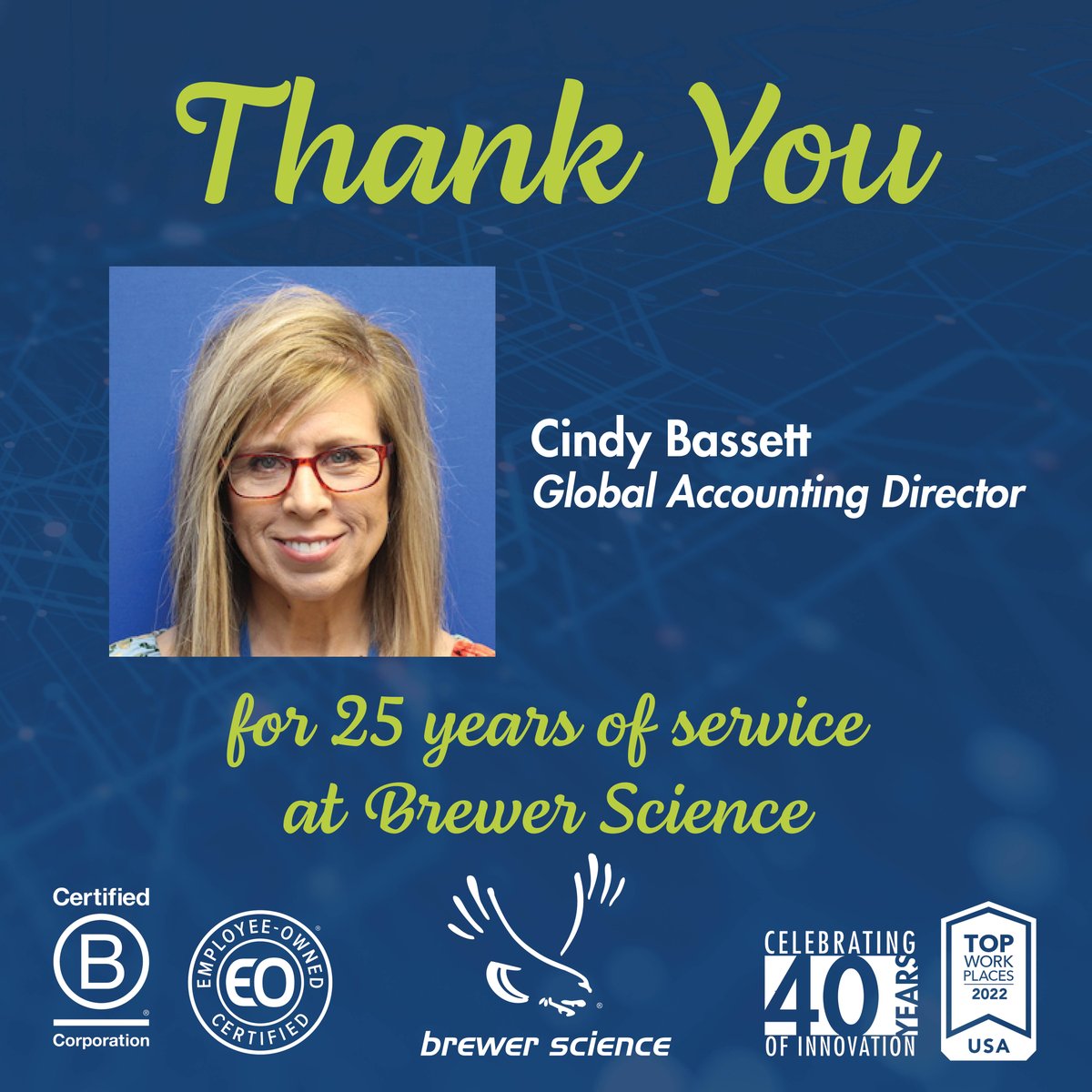 test Twitter Media - Happy Anniversary to our #EmployeeOwner Cindy Bassett! Please join us in congratulating Cindy on 25 years of service at Brewer Science! Thank you for being so dedicated to our company mission. Explore careers at Brewer Science: https://t.co/23VimSN9w3
.
.
.
@CertifiedEO https://t.co/Gx19qYW77n