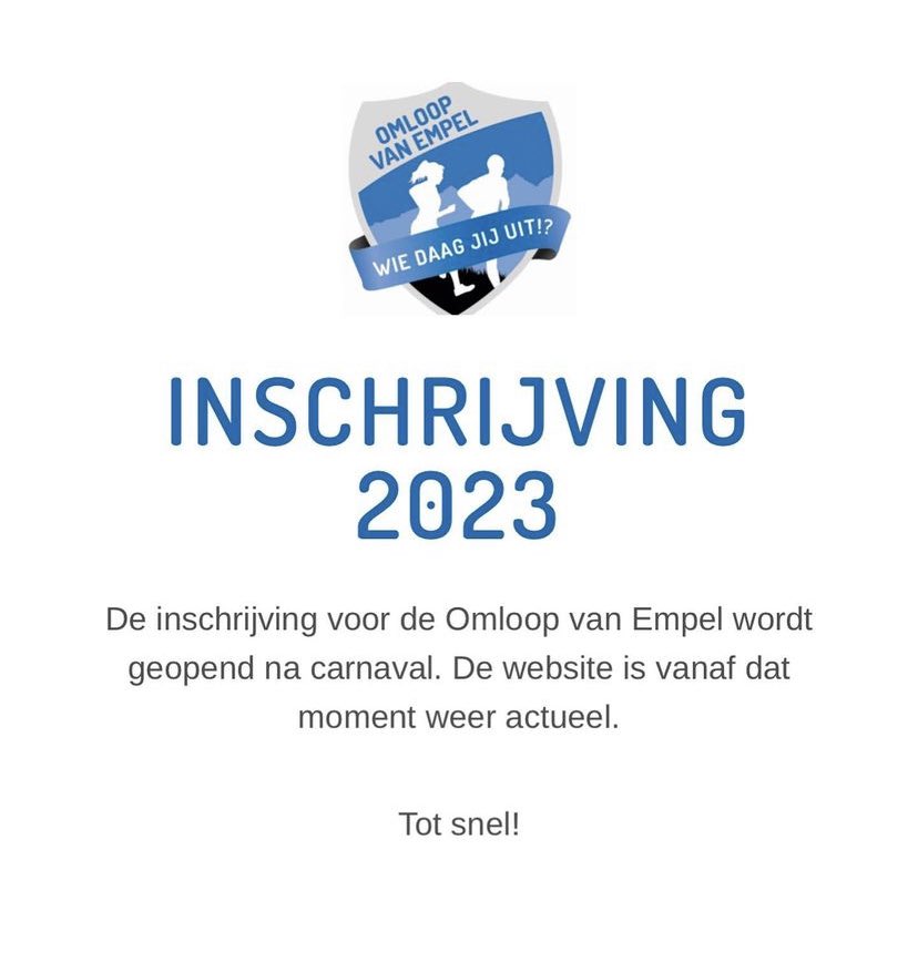 Nog even wat geduld. Na Carnaval zal inschrijven voor de <a href="/OmloopvanEmpel/">Omloop van Empel</a> mogelijk zijn. Vergeet ook de <a href="/engelenrun/">Engelenrun</a> en de Jeroen Bosch loop niet voor het SCR klassement #wiedaagjijuit #25juni2023