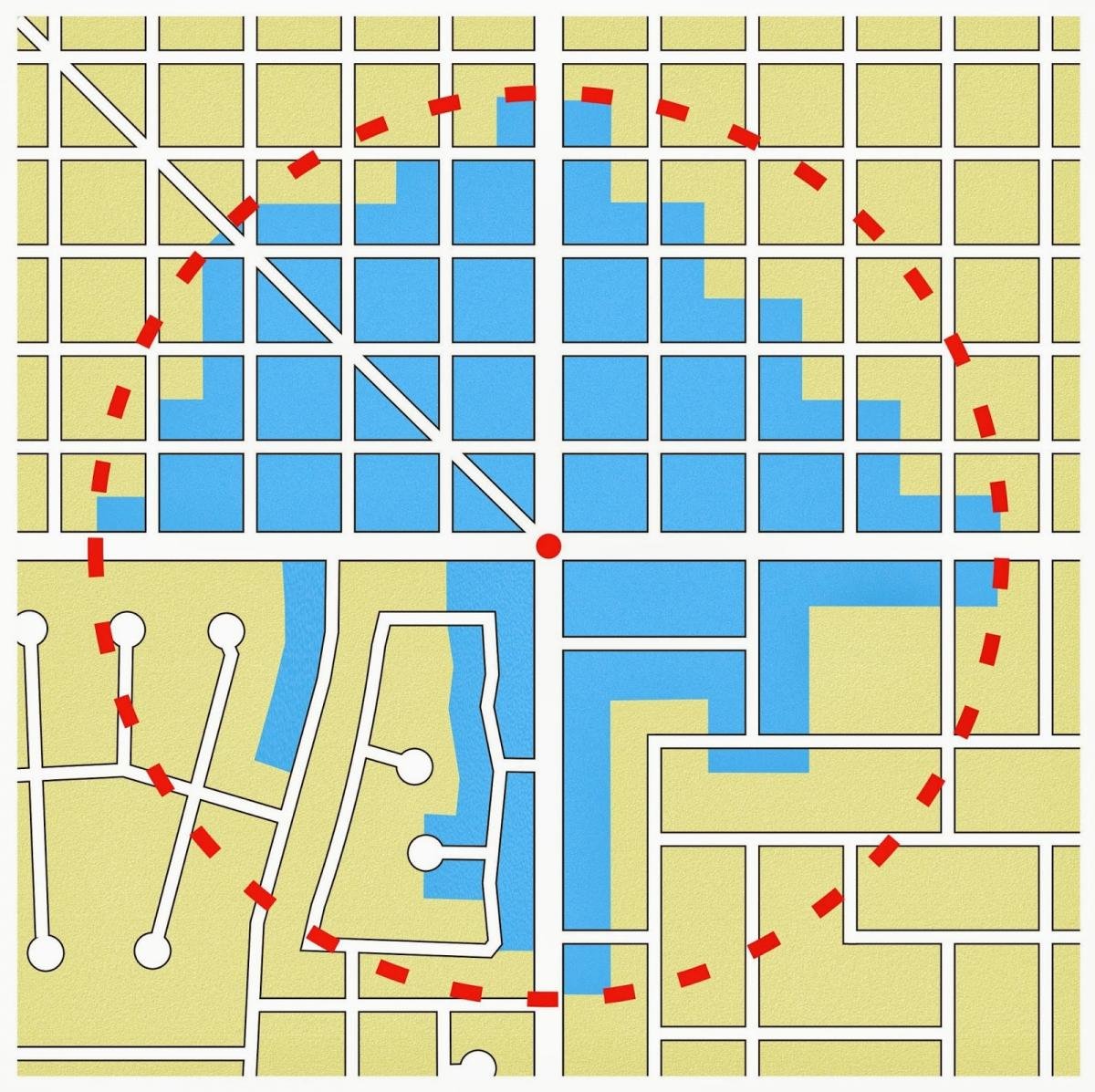 the_transit_guy's tweet photo. Now you might love the street network types highlighted as "good" and that's most certainly your right, but for density and transit, it makes productivity quite difficult. Look at the  5 min walkshed (blue) from a train stop (red) given different street patterns. https://t.co/Xs0P9mVjwC