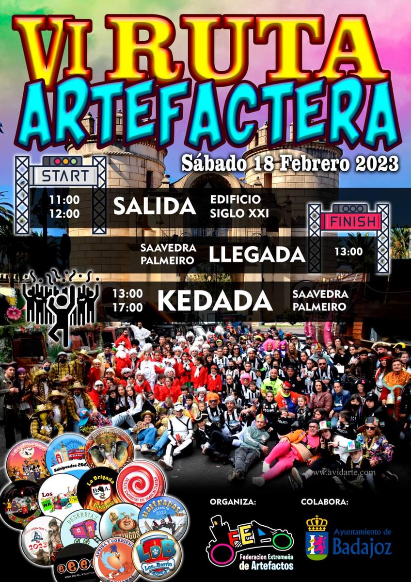 VI RUTA ARTEFACTERA 🚚🎭‼️‼️
Ya tenemos fecha y cartel para la VI Ruta ARTEFACTERA, tendrá lugar el Sábado 18 de Febrero con salida a las 11:00 desde el Edificio Siglo XXI (Caja Badajoz) y con llegada a las 13:00 a la Avda. Saavedra Palmeiro 🎉🎭