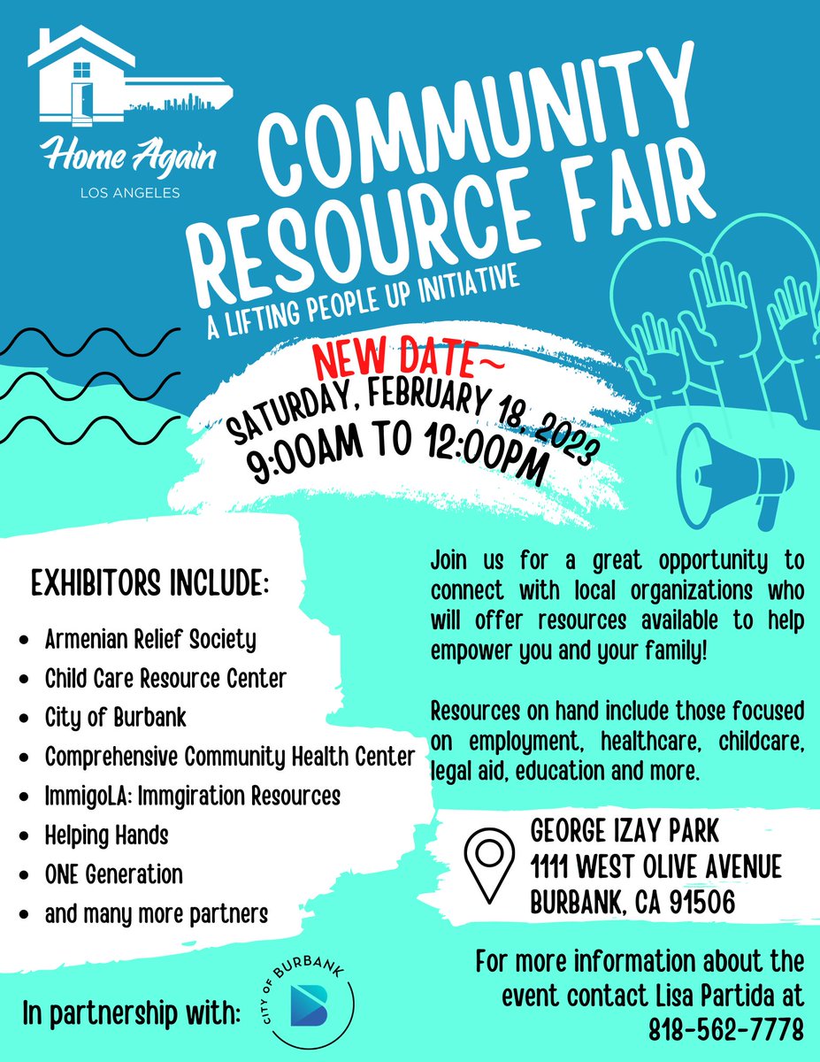 BurbankCA's tweet photo. ‼NEW DATE‼ Check out the 1st Annual Community Resource Fair on February 18, 2023. Get connected with resources for employment, healthcare, childcare, legal aid, education, and more! See flyer for event details.
#Newdate #LiftingPeopleUp #homeagainla #communitypartnerships https://t.co/LJhbZsKltt
