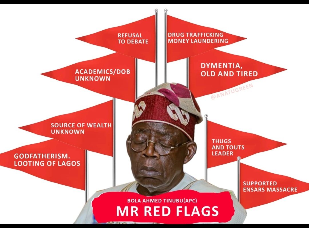 AnatuGreen's tweet photo. How can one man be showing all these red flags, even more than Buhari had and people are still campaigning for him?
Are they cursed of are they the cause?
Asiwaju Tinubu Mr Ref flags #MrRedFlags
_
_
Oyo State Opay Ibadan Nigerian Army Northern Christians Lagos REC Dear Nigerians https://t.co/RUHKIiIlBc
