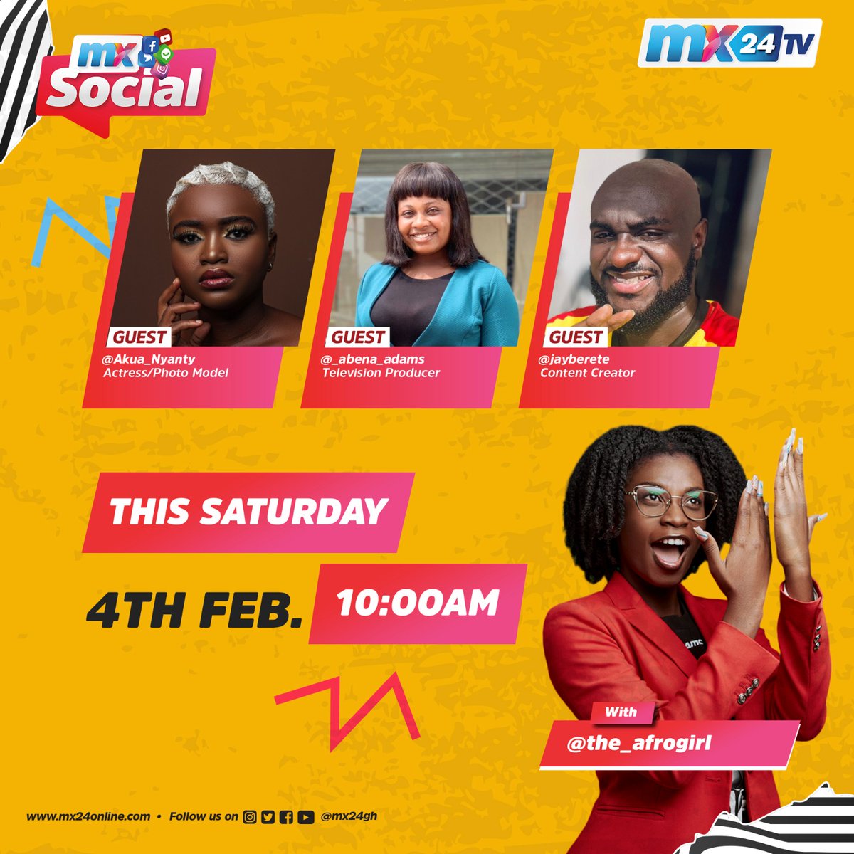 mx24gh's tweet photo. Let's breakdown the latest trends on social media with @_AfroGirl and her guests #akua_nyanty #abena_adams @jayberete
Do well to tune in.
#mx24gh #funfearlessfactual #MXSocial #SocialMedia https://t.co/6kvVhwKzus