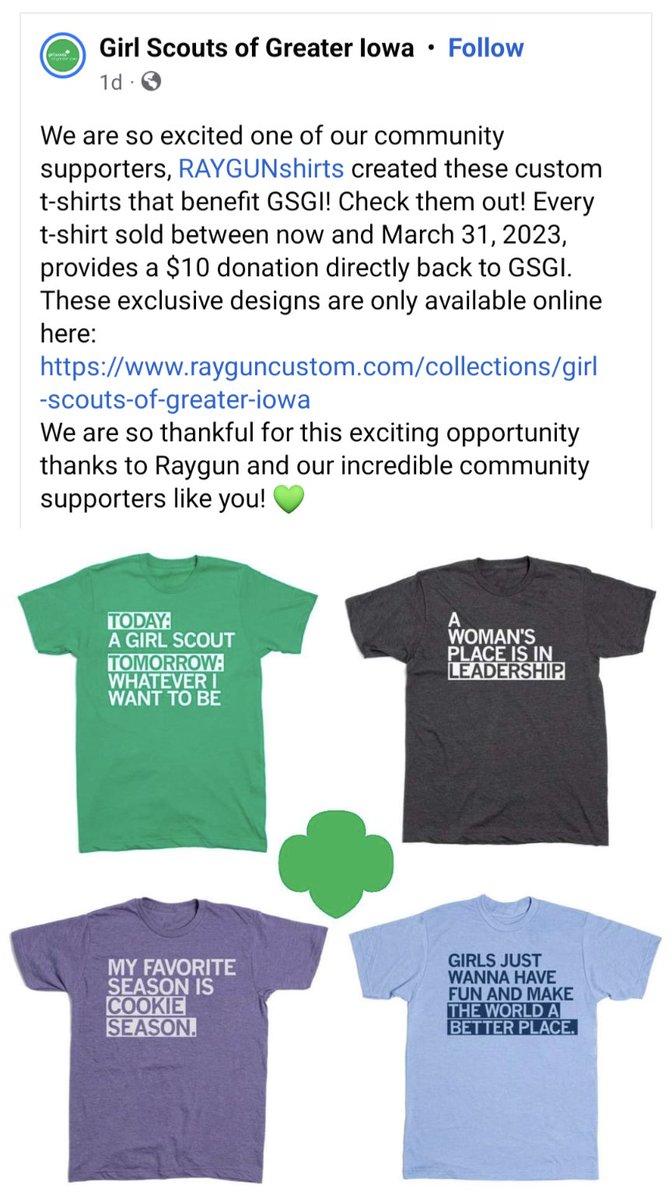 isusmiley's tweet photo. @RAYGUNshirts I ♥️ your latest girl scout shirts! Any chance we can get donations to BOTH Girl Scout Councils in Iowa, @GSGI AND @GSEIWI ? https://t.co/g9w4qYAkHO
