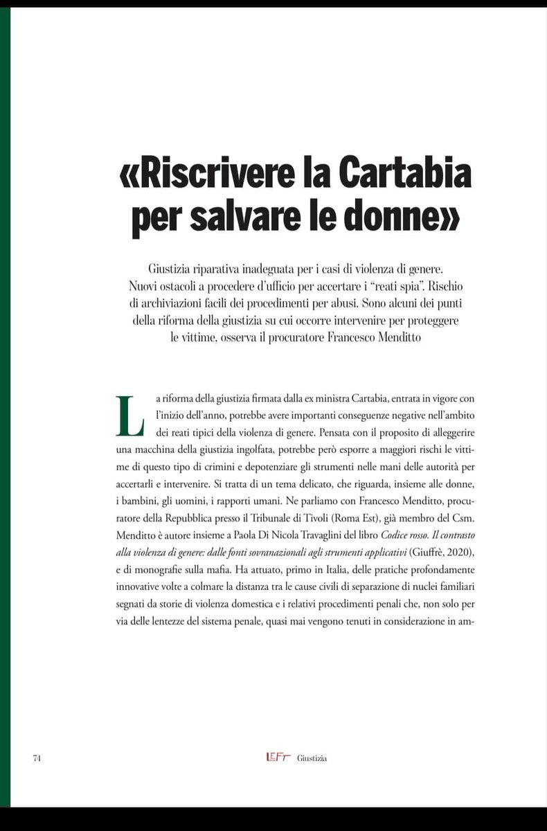 CassandraD_D's tweet photo. Su Left 2/2023
Riscrivere la #Cartabia per salvare le #donne

Intervista di Barbara Pelletti, psichiatra e psicoterapeuta, presidente di @cassandrad_cassandra, al Procuratore Francesco Menditto. 
1/2
#convenzioneistanbul #violenzadigenere #donne #riformagiustizia #femminicidio https://t.co/niBBk9wt3T