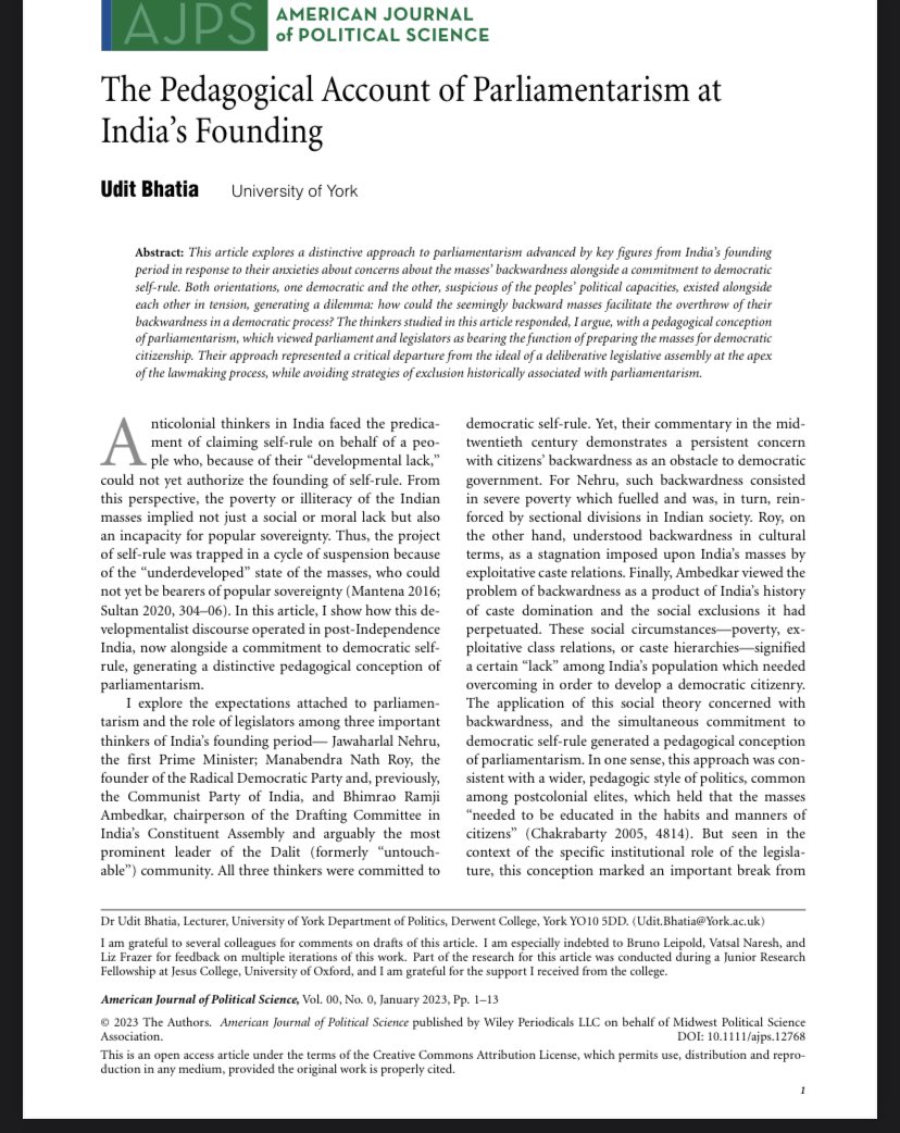 bhatia_ud's tweet photo. My article on parliamentarism in founding era India is now out with @AJPS_Editor. And it’s open access! https://t.co/mSMpLXD6p3 https://t.co/w86Zkenc9g