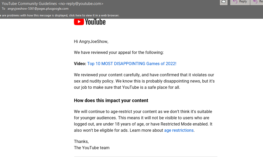 AngryJoeShow's tweet photo. My appeal to @youtube was instantly denied. No way anyone even bothered looking at it. That was mere minutes/seconds later.1?!!?! @YouTubeGaming @YouTubeCreators https://t.co/ajmCOxzTbk
