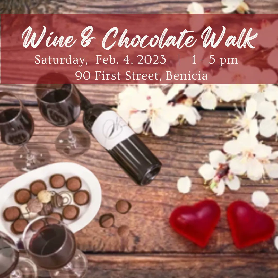 tylerpotterteam's tweet photo. Stroll Benicia's First Street with your sweetheart, tasting fine wine and chocolate pairings at downtown shops this Saturday!  Check-in starts at 12:30 p.m. at Benicia Main Street, 90 First Street. For more information on tickets and pricing, please visit https://t.co/mkGD2t9mDt https://t.co/AadYoyrR14