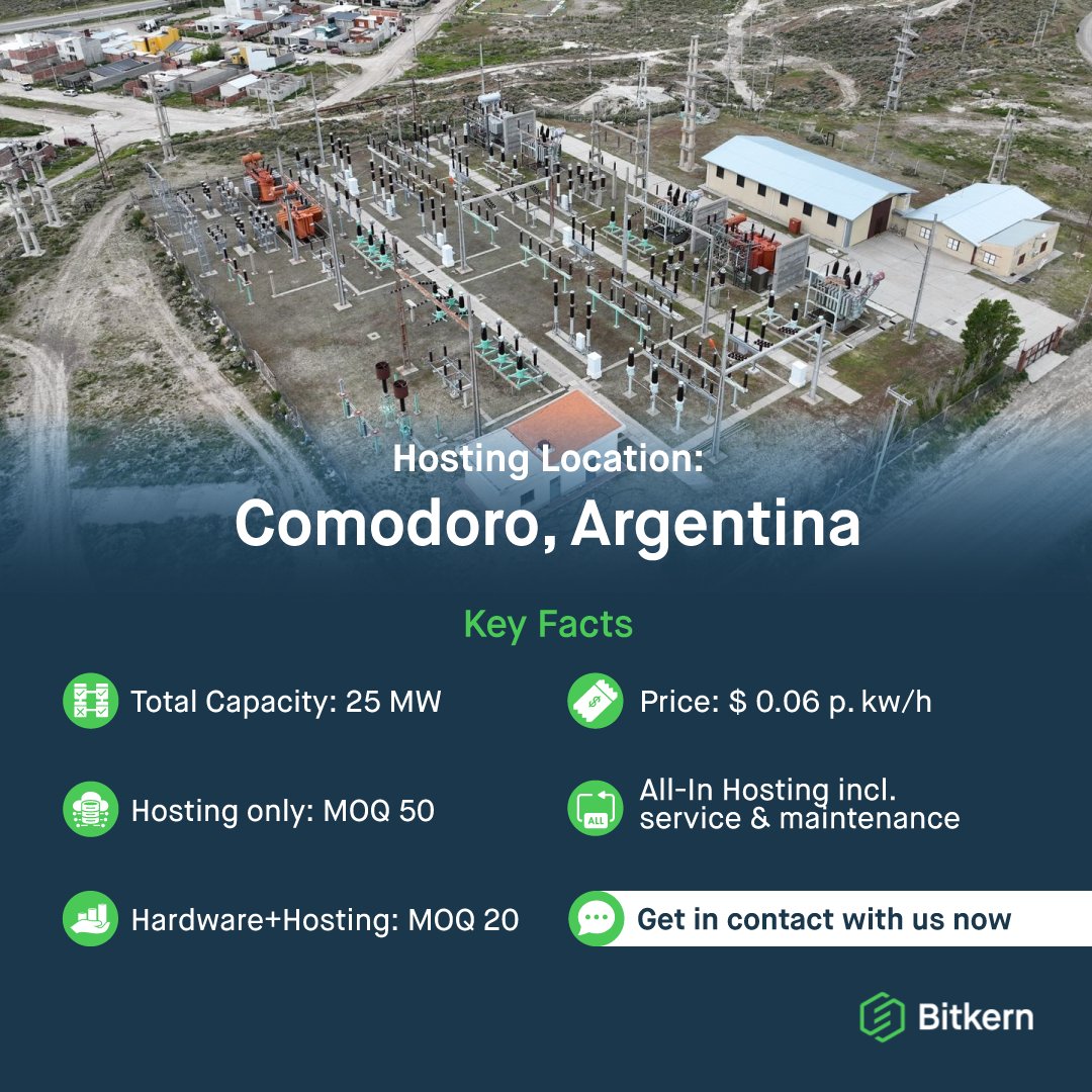 Attention all #bitcoin #miners! 🤩

Our #hosting location in #Argentina is online and ready for action.
We have plenty of #capacity available, so if you're looking for a reliable and efficient place to mine your bitcoins, look no further. ✅

➡️ bitkern.com/en/bitcoin-min…