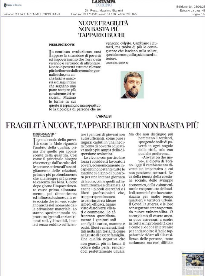 NUOVE FRAGILITÀ. In evoluzione. Così appare la situazione di  povertà  ed impoverimento che Torino sta registrando, vivendo, cercando di affrontare e superare. Non solo più povertà estreme. Pierluigi Dovis, direttore Caritas Torino. La Stampa (26/01/2023)