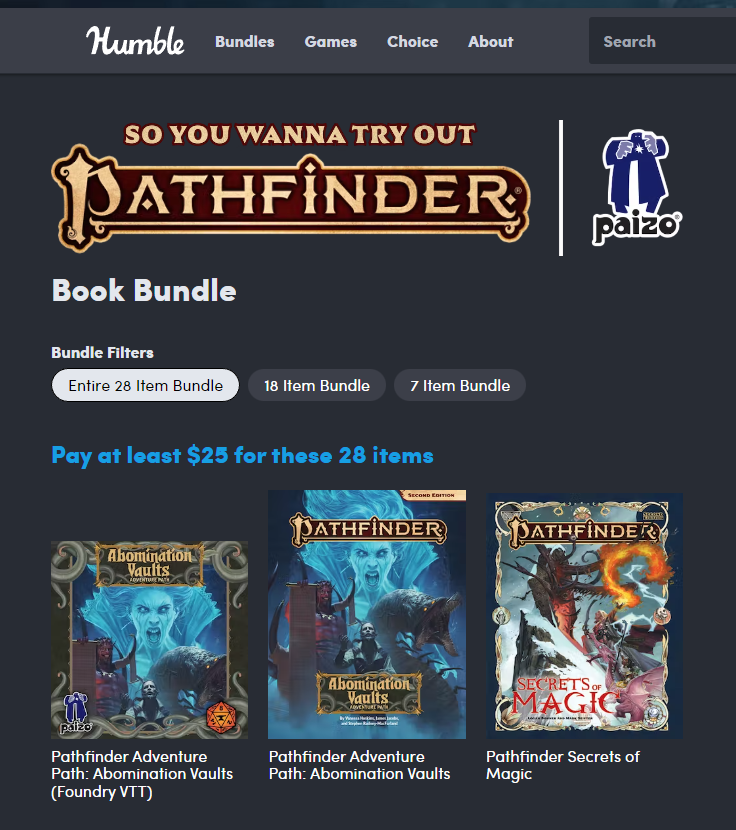TheRulesLawyer1's tweet photo. NO-BRAINER PURCHASE: Over $400 of #pathfinder2e content for $25? Includes the excellent L 1-10 Abomination Vaults adventure path PDF AND premium Foundry VTT module (itself a $60 value)? People who want to check out PF2 should get this! Lasts through ~Feb. 22. #opendnd https://t.co/YsR841dV1B