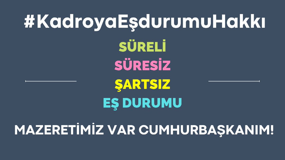 Kadrodan tek beklentisi süre şartsız AİLE BİRLİĞİNİN sağlanması olan bizlerin en büyük mutluluğu, bakanlık ve kurum farketmeksizin koşulsuz şartsız eş durumu hakkının verilmesidir.

<a href="/RTErdogan/">Recep Tayyip Erdoğan</a> <a href="/fuatoktay/">Fuat Oktay</a> <a href="/israfilkisla/">İsrafil KIŞLA</a> <a href="/kamilaydinmhp/">Prof.Dr.Kamil Aydın</a> <a href="/dbdevletbahceli/">Devlet Bahçeli</a> 

#KadroyaEşdurumuHakkı