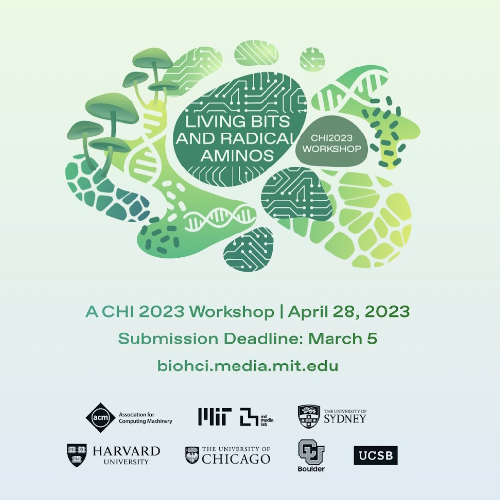 Fiona Bell (@fionaaabelll) on Twitter photo Check out our #chi2023 workshop "Living Bits and Radical Aminos" 🧪
Learn more here: biohci.media.mit.edu
<a href="/acm_chi/">ACM CHI Conference</a> #biohci #biodesign #livingmediainterfaces #biomaterials #sustainability #hci #livingbits Check out our #chi2023 workshop "Living Bits and Radical Aminos" 🧪
Learn more here: biohci.media.mit.edu
<a href="/acm_chi/">ACM CHI Conference</a> #biohci #biodesign #livingmediainterfaces #biomaterials #sustainability #hci #livingbits
