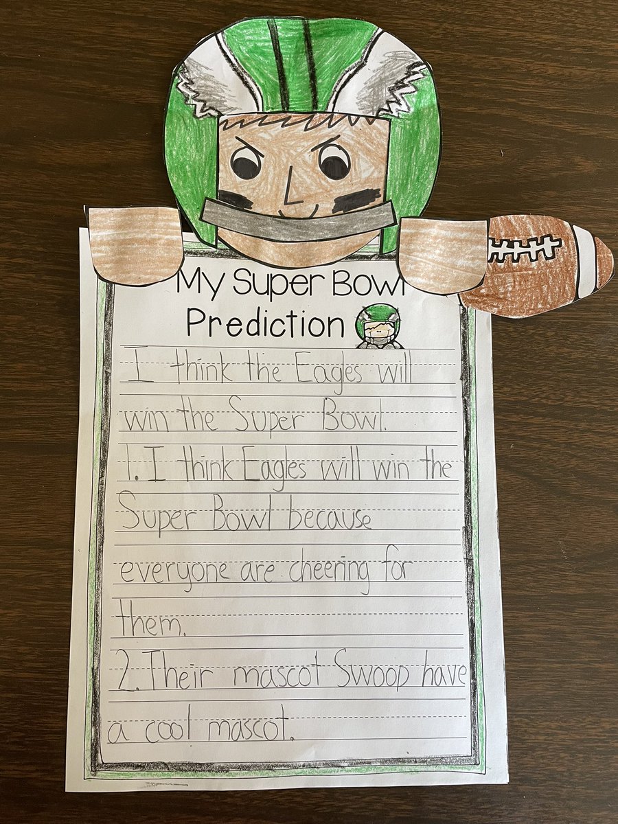 CB_mrsG's tweet photo. Gearing up for the Super Bowl with some predictions!!! Ss practiced their list article skills to write about who they think will win the big game and why! I think it’s safe to say my class wants the Eagles to win! 💚🦅💚 #GoBirds @Eagles @CBWarwickElem https://t.co/VJXzTwDnG5
