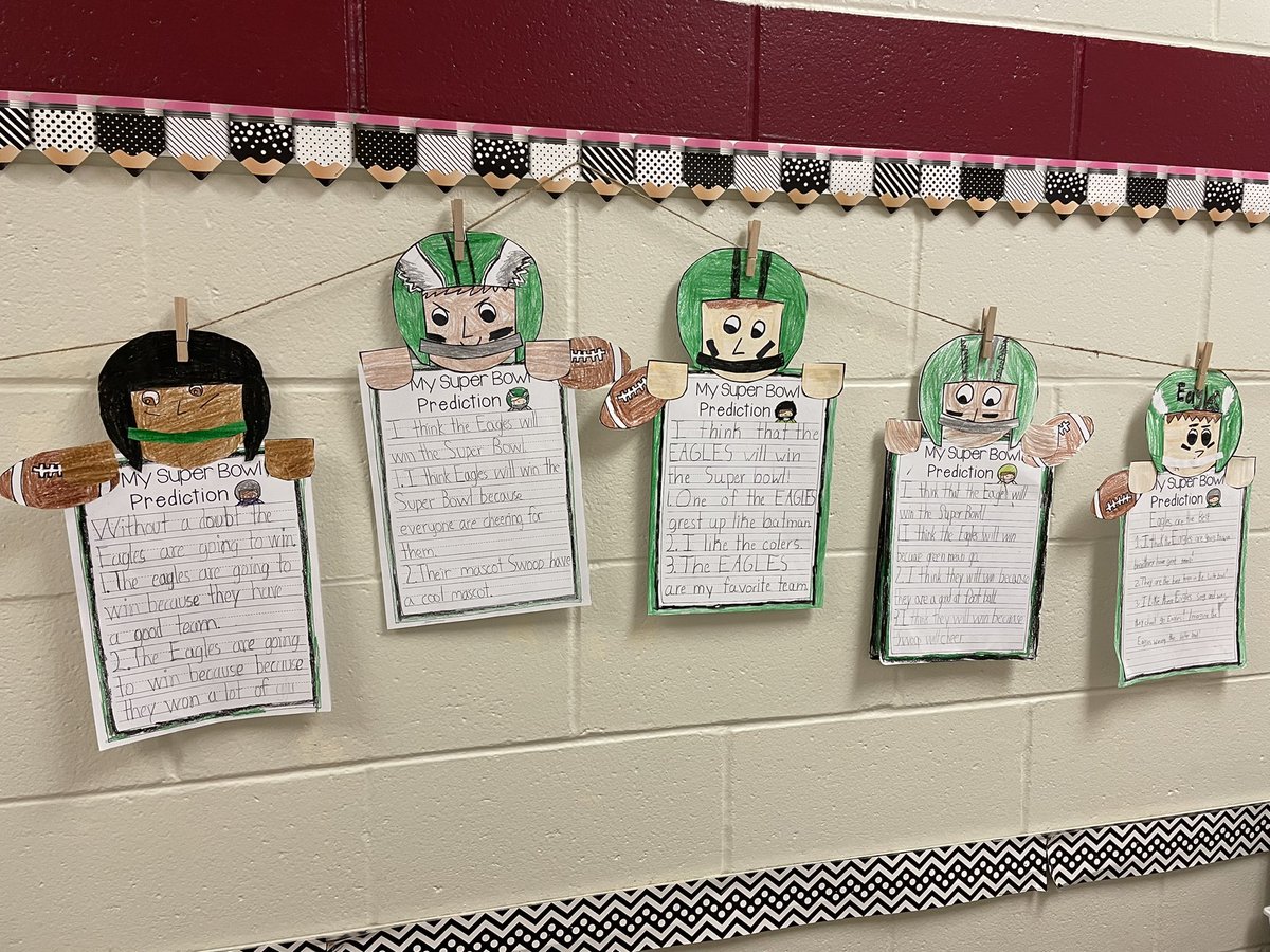 CB_mrsG's tweet photo. Gearing up for the Super Bowl with some predictions!!! Ss practiced their list article skills to write about who they think will win the big game and why! I think it’s safe to say my class wants the Eagles to win! 💚🦅💚 #GoBirds @Eagles @CBWarwickElem https://t.co/VJXzTwDnG5