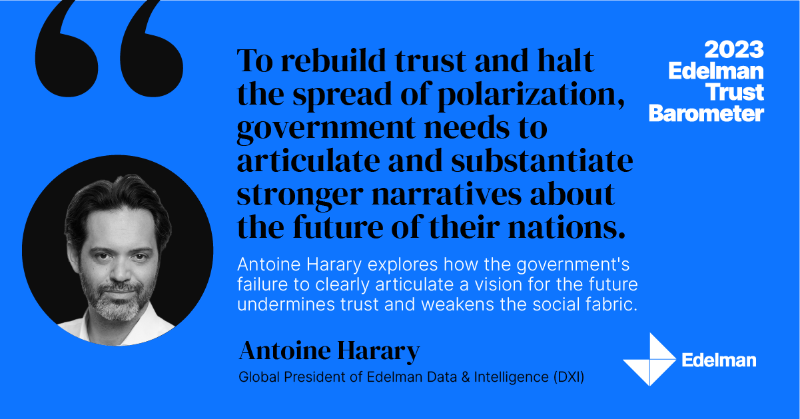 EdelmanPR's tweet photo. Building trust in government starts with a clear vision for the future. Read more from Antoine Harary, Global President of Edelman Data &amp; Intelligence and explore our latest 2023 Trust Barometer.