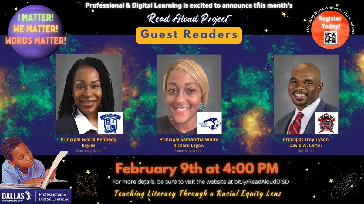 huff_natonya's tweet photo. The I Matter, We Matter, Words Matter Read Aloud Project is happy to announce this month's guest readers! Join us Feb. 9th! For details, see the flyer/ video at https://t.co/JvaG6UL1XM &amp; REGISTER TODAY at: https://t.co/xekZg8lFXY 
@ReadAloudDISD @CharissaGovan @JennSalleeTeach https://t.co/Ooyr1p8fv8