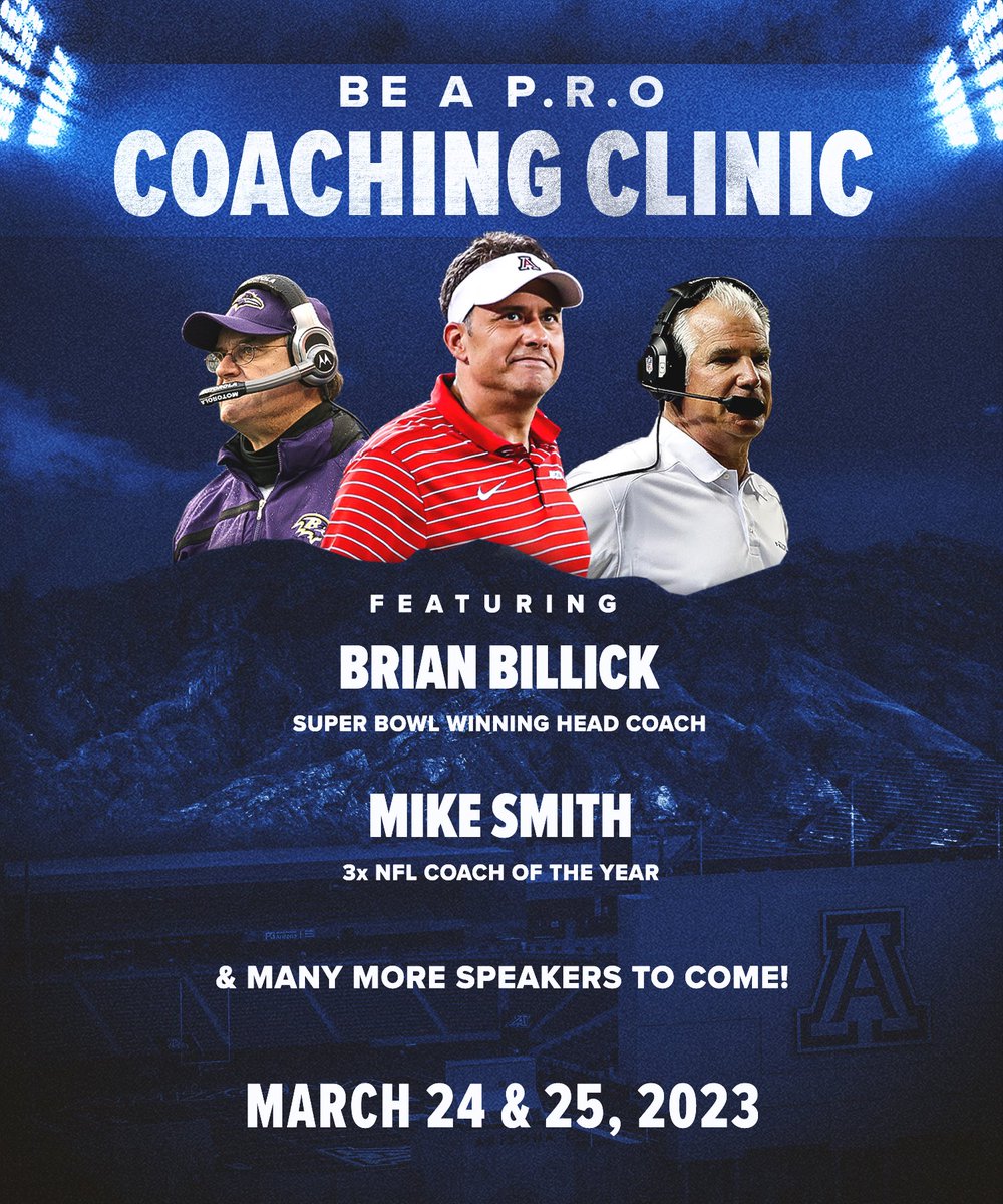 ArizonaFBall's tweet photo. Super Bowl winning Head Coach, @CoachBillick and 3x NFL Coach of the Year, Mike Smith are headed to Tucson for the Be A P.R.O. Coaching Clinic!

Reserve your spot and stay tuned for next week's announcement about who will be joining them in Tucson.

📲: https://t.co/FVYAyAyTie https://t.co/WwA6C0Qzas