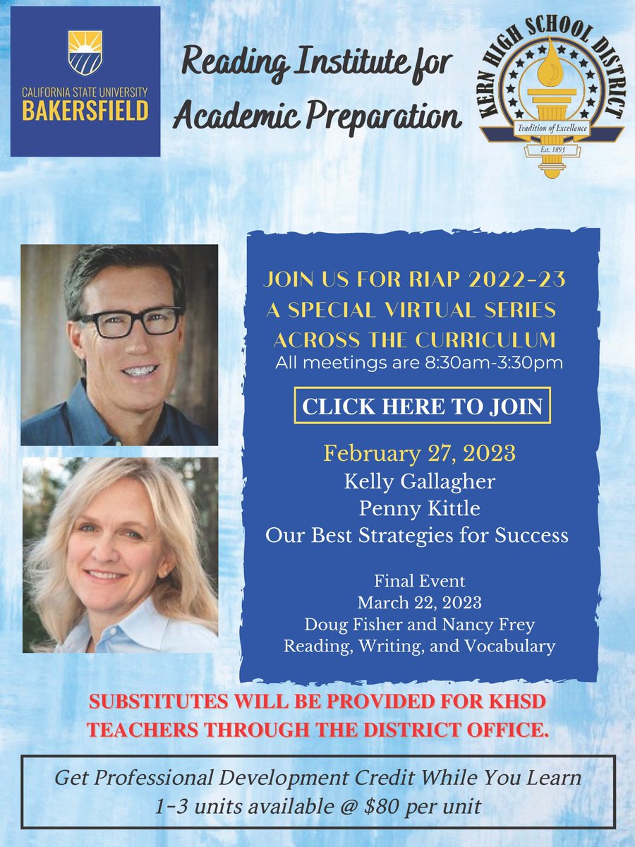 CSUBAH's tweet photo. Teachers! The Reading Institute for Academic Preparation will hold one of their events this month! Need information? Please contact Dr. Kim Flachmann at kflachmann@csub.edu.
#csub #ah #teachers #reading #riap #professionaldevelopment https://t.co/yb9aDaeqVZ