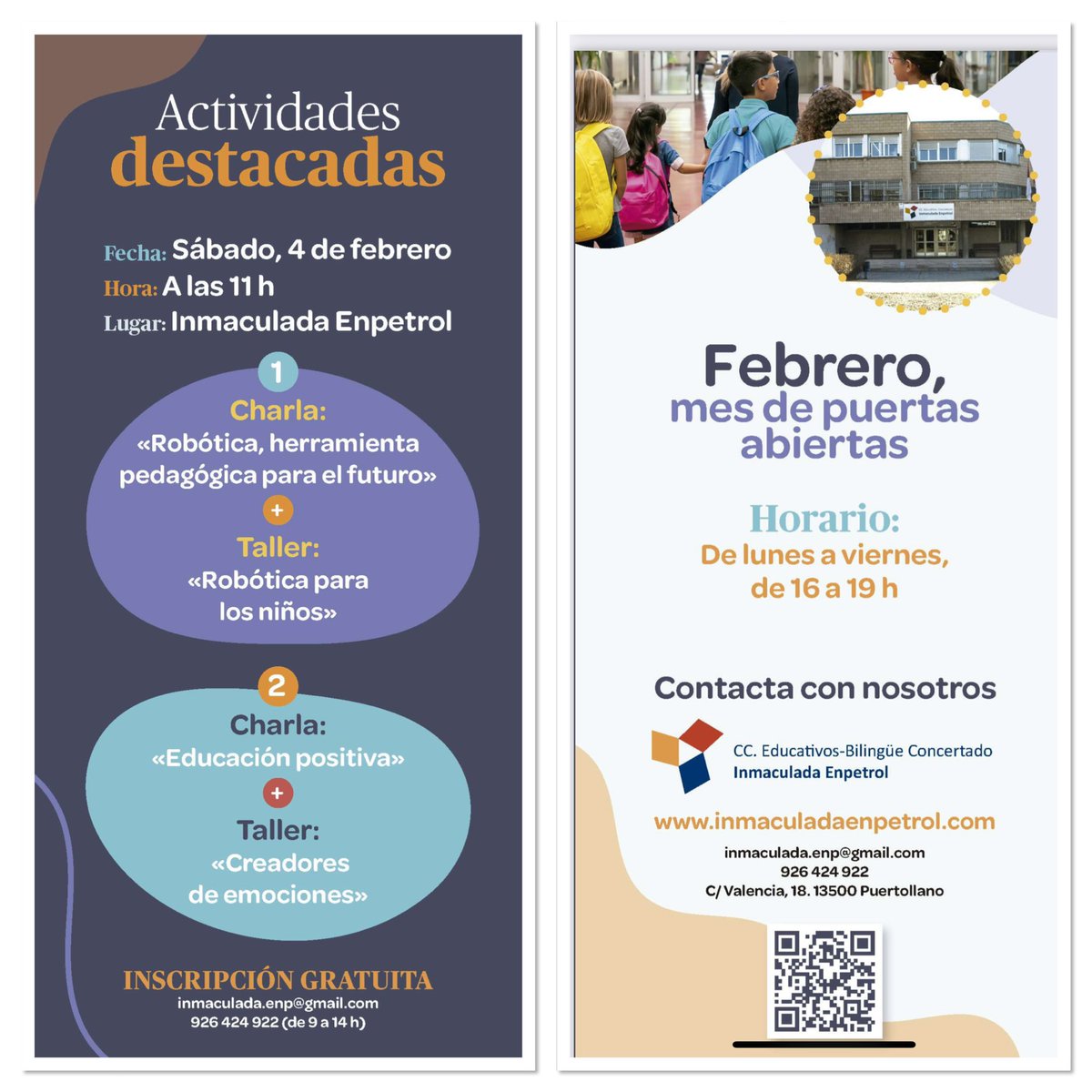 Enpetrol2016's tweet photo. 📅 Mañana sábado a las 11 h

⭐️ Jornada en el Centro Inmaculada Enpetrol

Hablaremos sobre educación y los niños pasarán una mañana fantástica 😃

Aún puedes inscribirte. ¡Te esperamos!
inmaculada.enp@gmail.com · Tfno.: 926 424 922

🔴 Febrero, mes de puertas abiertas 🏫 https://t.co/xL3ZNSuY8H