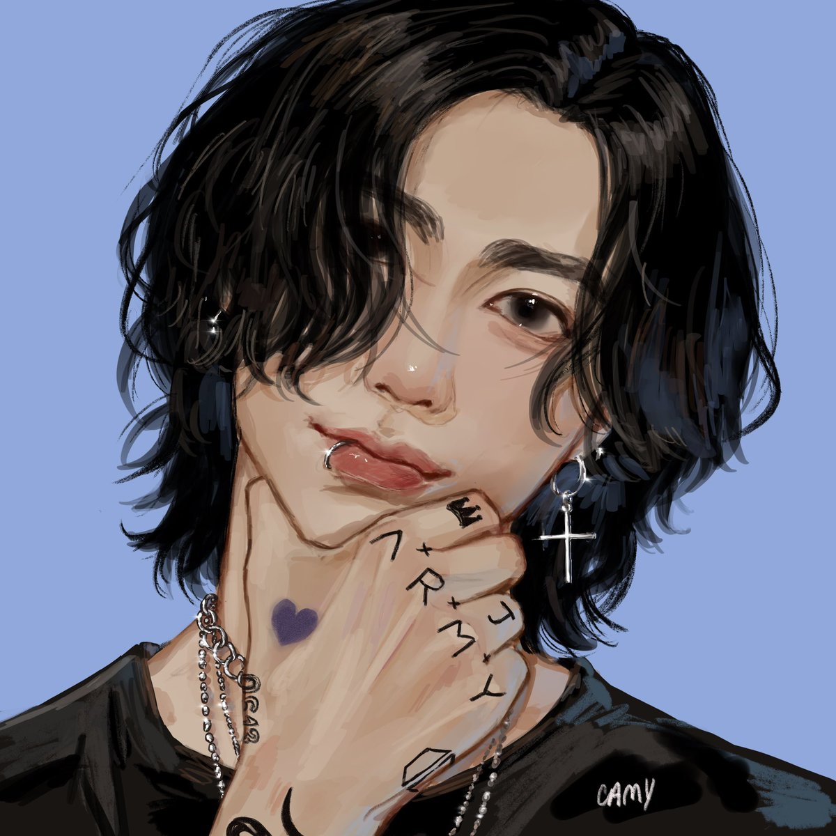 solo jewelry black hair tattoo 1boy male focus blue background  illustration images