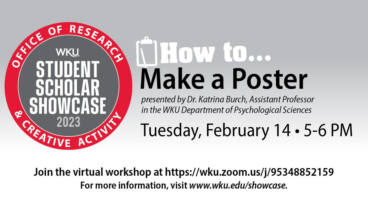 wkuogden's tweet image. Interested in creating successful poster presentations?

Join the virtual workshop &quot;How to Make a Poster&quot; presented by Dr. Katrina Burch with @PsySciencesWKU where you can learn what elements make a good poster and summarize your research concisely and attractively.