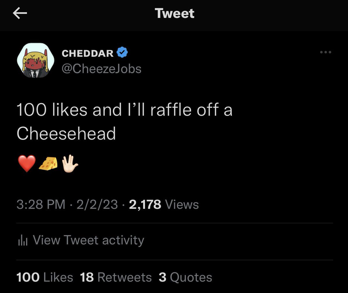 CHEESY GIVEAWAY 🧀🧀🧀🧀🧀 

Must Follow,Like, &amp; RT @CheddarandFrens 
👆🏼👆🏼👆🏼👆🏼👆🏼👆🏼👆🏼👆🏼

Winner will be announced tomorrow at 3pm pst 

Good luck 

-Cheddar ❤️🧀🖖🏻