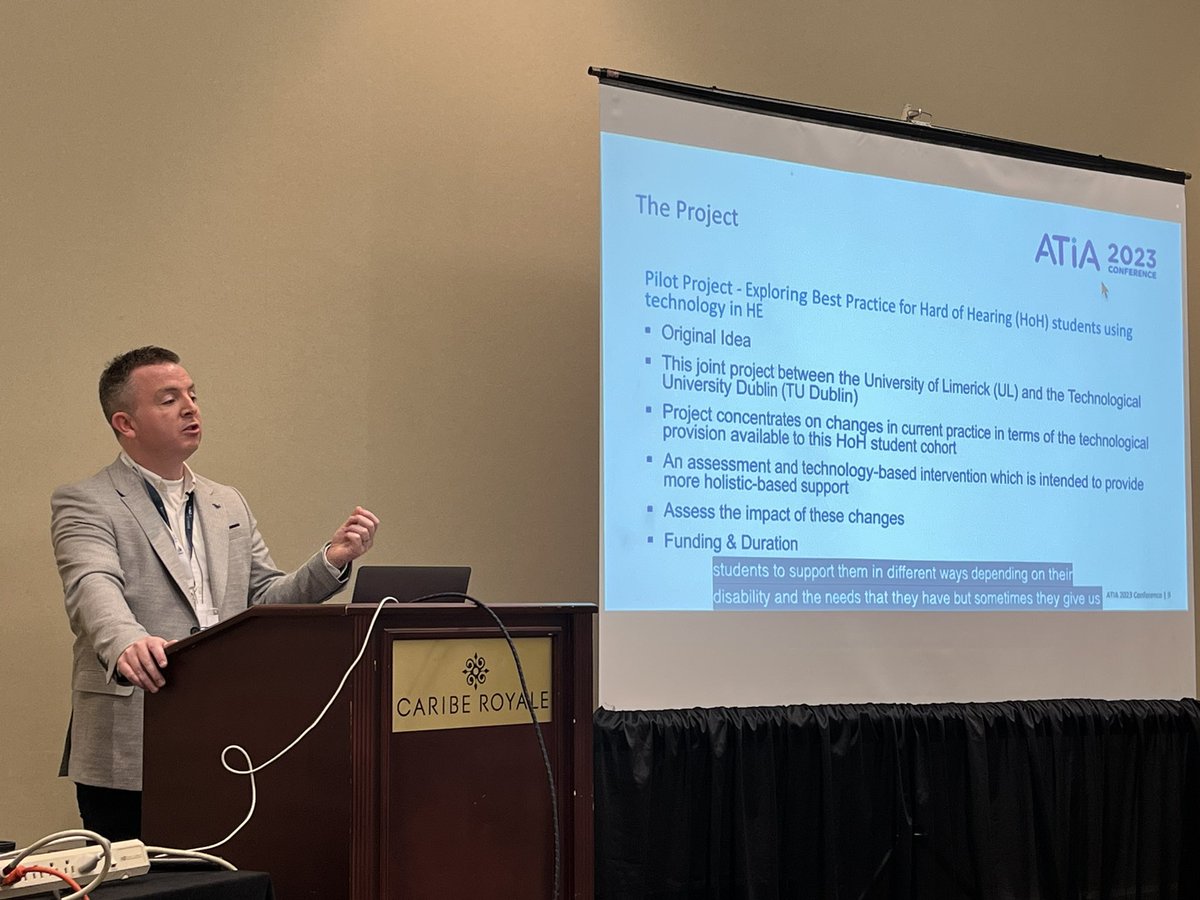 RachelH872's tweet photo. Experiencing the poignant journey of @tjoshaughnessy and Limerick University and their attempts to provide appropriate equipment to students who were hard of hearing was beautiful today! One of the most meaningful sessions I attended! #ATIAcon #ATIA23 https://t.co/VmhAbXXhng