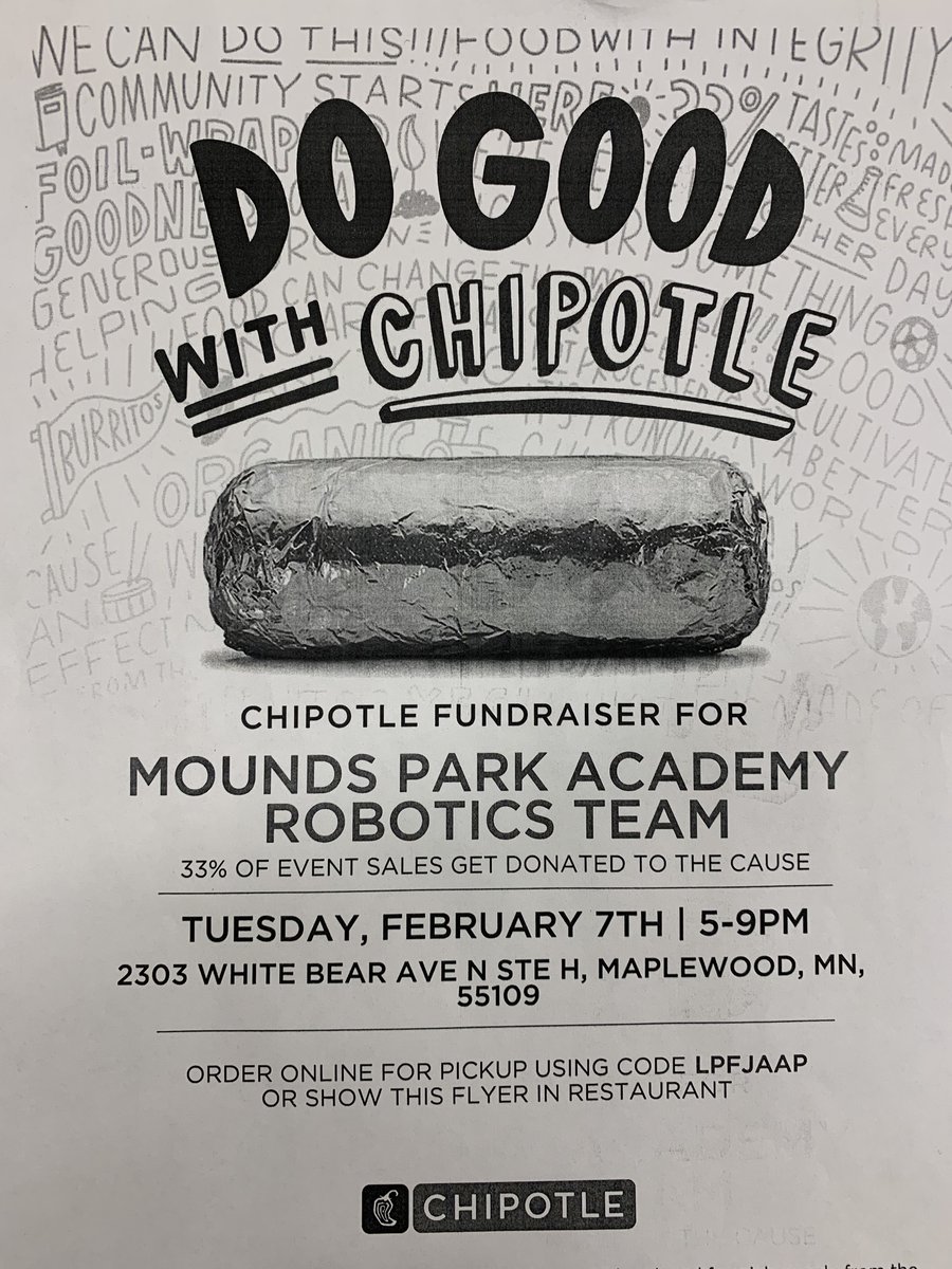 FIRST Team 3926 (@mparobotics) on Twitter photo To support the team, eat at Chipotle this Tuesday to help us raise money for competitions. To support the team, eat at Chipotle this Tuesday to help us raise money for competitions.