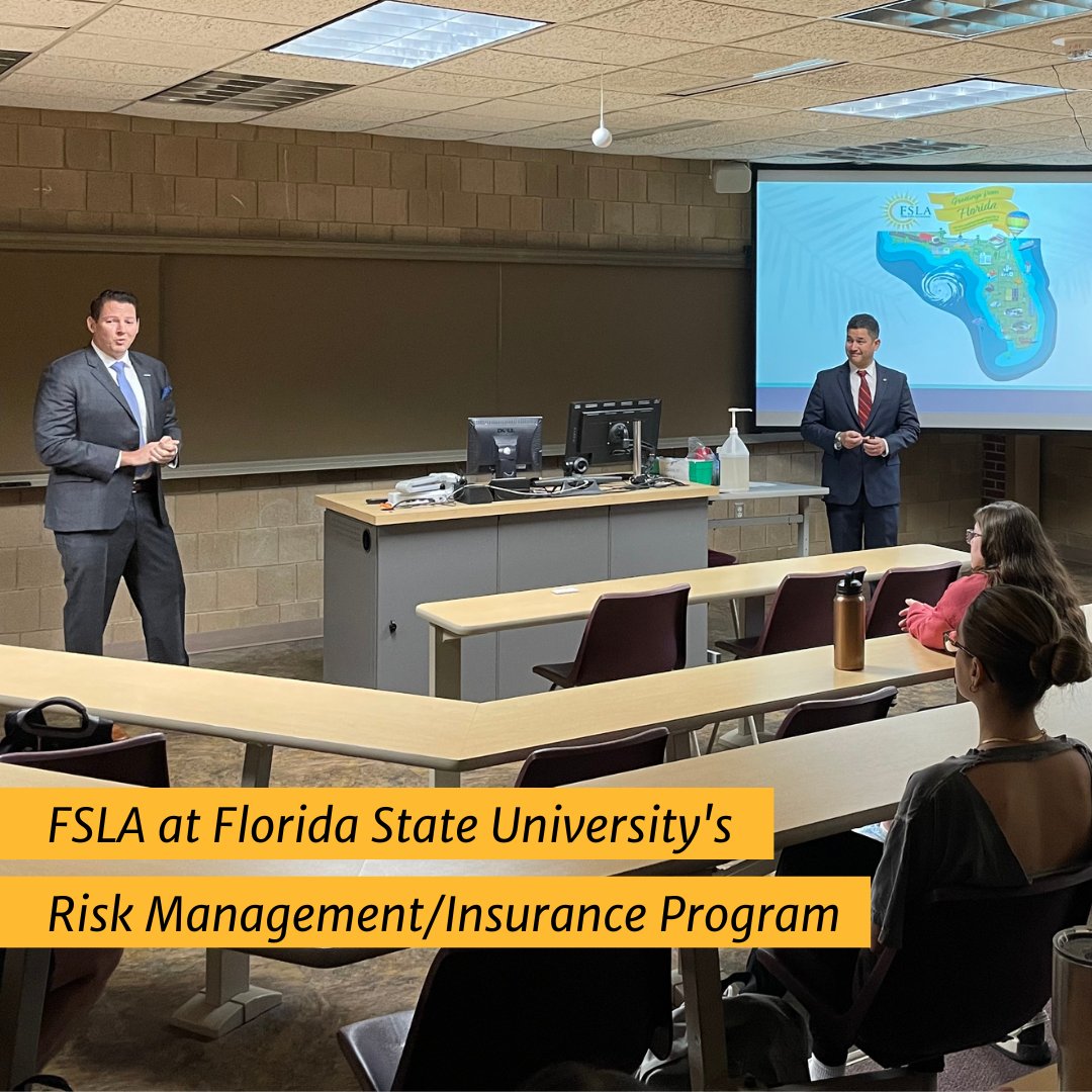 myFSLA's tweet photo. This week, FSLA board members and FSU grads Al Geraci &amp; Dave DeMott presented to students in the @FSUBiz Risk Management/Insurance program. They highlighted our multifaceted industry + opportunities for future of the profession. #surpluslines @gis_fsu

CC: @rpsins @Gridironins https://t.co/EEi5gAYew9
