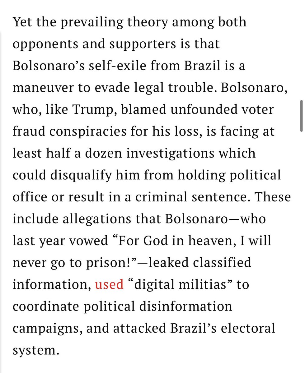 VeraMBergen's tweet photo. Bolsonaro — who last year vowed “For God in heaven, I will never go to prison!”— faces at least half a dozen investigations back home, including allegations he leaked classified info, used “digital militias” for political disinfo campaigns &amp; attacked Brazil’s electoral system https://t.co/UeySKNDJ2L