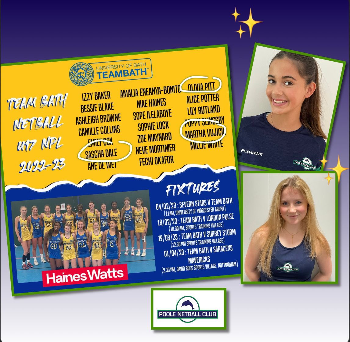 Biggest congratulations to Sascha, Olivia and Martha in our Poole NC U15’s squad 🎊
All 3 players have been selected to represent Team Bath U17 this season. Well done girls we are all super proud of you 👏 💙💚⭐️💙💛