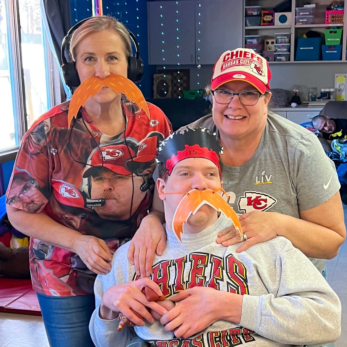 RainbowCenterKC's tweet photo. Coach, we mustache you a question... How 'bout those CHIEFS?! Having some Friday fun and celebrating our team! #ChiefsKingdom #GoChiefs #AFCChamps https://t.co/CNDYk858yN