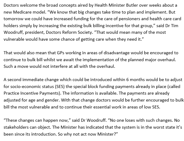 Medicare reform, please act now Minister. There are things you can do immediately to improve access for the most vulnerable whilst we wait for huge Medicare reconstruction