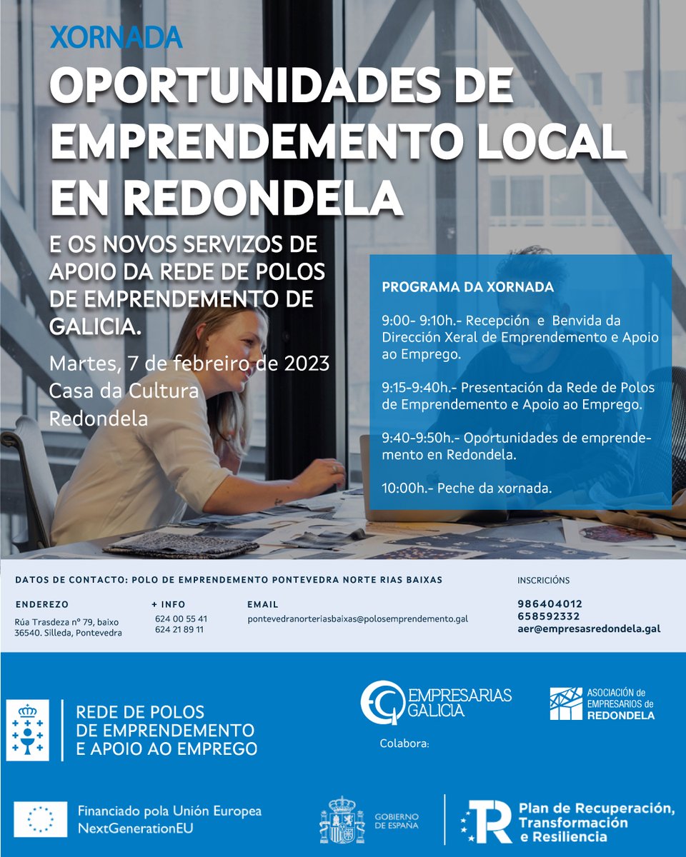 Desde a Asociación de Empresarios de Redondela votamos a andar un novo proxecto coa colaboración de  Empresarias Galicia . 
🔵🔵Anótate a xornada Oportunidades de Emprendemento Local en Redondela.  

👉INSCRÍBETE: cutt.ly/Q9LUAGD
