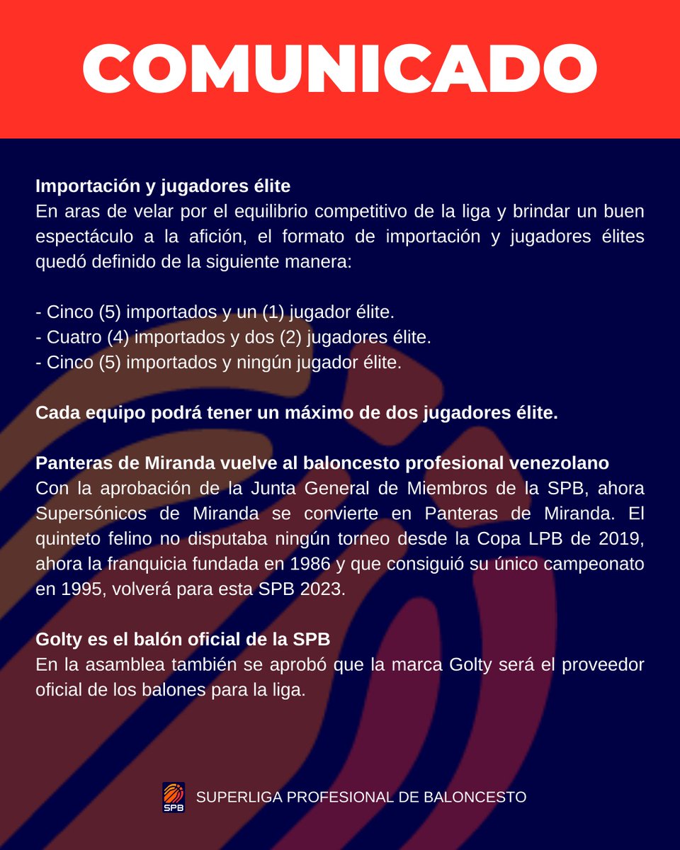 - ¡Pitazo inicial el 18 marzo!

- Nuevo formato de postemporada con dos drafts

- 16 equipos pasarán a playoffs

- ¡Se reparte el pastel de los jugadores élite!

👀Entérate de todos los detalles en nuestro Comunicado Oficial👇🏻

#SPB #Basket #Baloncesto #EmocionyEspectaculo