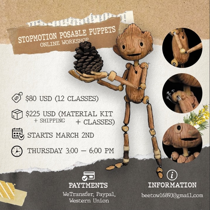 BeetleOwl's tweet photo. New online workshops. Want to learn how to make poseable pieces for stopmotion or do you want to make your own @RealGDT Pinocchio? Taller online! Mas info por DM! #stopmotion #pinocchio #pinocchiomovie #pinocchiocontest #pinocchiochallenge https://t.co/jkgtgU0yA0