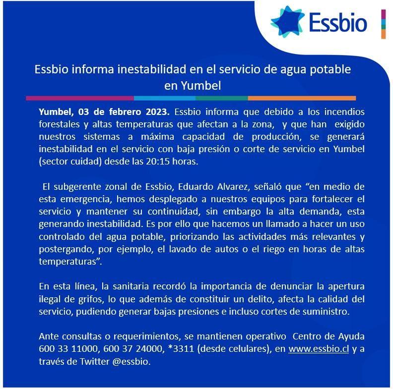 Essbio informa inestabilidad en el servicio de agua potable en Yumbel