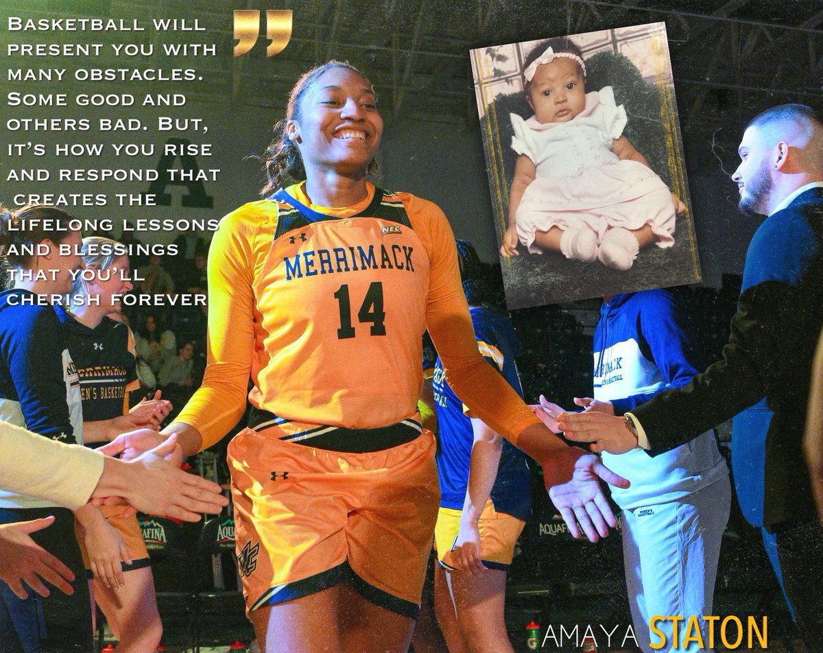 MerrimackWBB's tweet photo. In honor of celebrating girls and women in sports this week.. here's what we would tell our younger selves growing up playing the sport we love. ✨

Here's to empowering girls and women in sports now and forever 🏀💛

#GoMack x #WomenInSports https://t.co/ZhA0S3FqB9