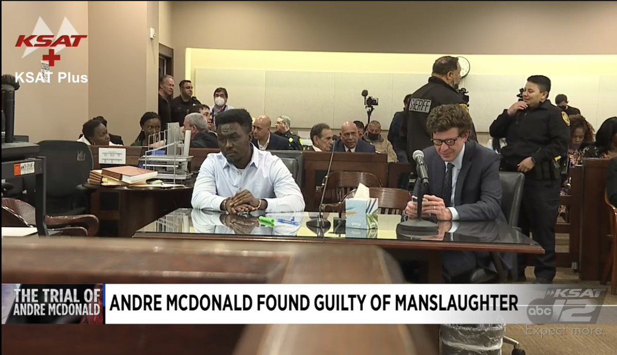 #AndreenMcDonald Murder Trial VERDICT WATCH:GUILTY OF MANSLAUGHTER. They didn’t buy self-defense but they didn’t buy murder either. Uber cocky, domestic-abuser, somehow-still-employed USAF Major #AndreMcDonald got lucky. #WeKnowWhatYouDid #DVmurderIsMurder #HerNameIsAndreen #KSAT