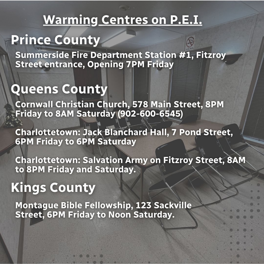 For anyone looking for warming centre/shelter information on P.E.I., here's what I compiled together in a couple graphics -- as well as some important phone numbers

Feel free to screenshot and share with whomever.